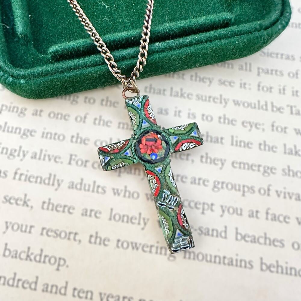 Vintage Italian Micro Mosaic Cross Pendant Necklace Italy Rose Floral 24” - Picture 2 of 7